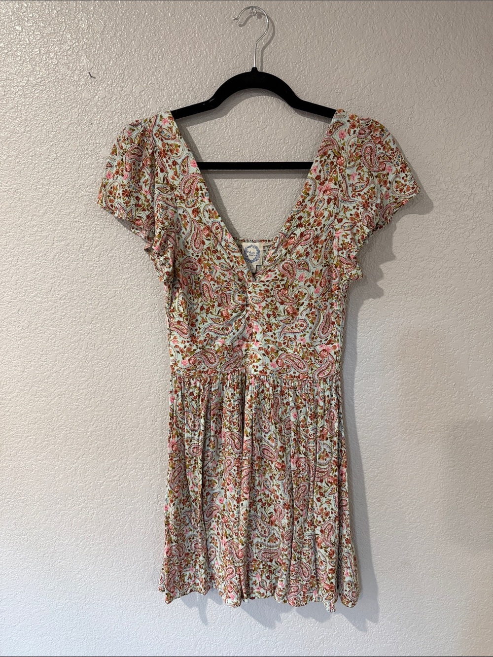 Blue Rain Pink & Green Paisley V-Neck Smocked Mini Dress